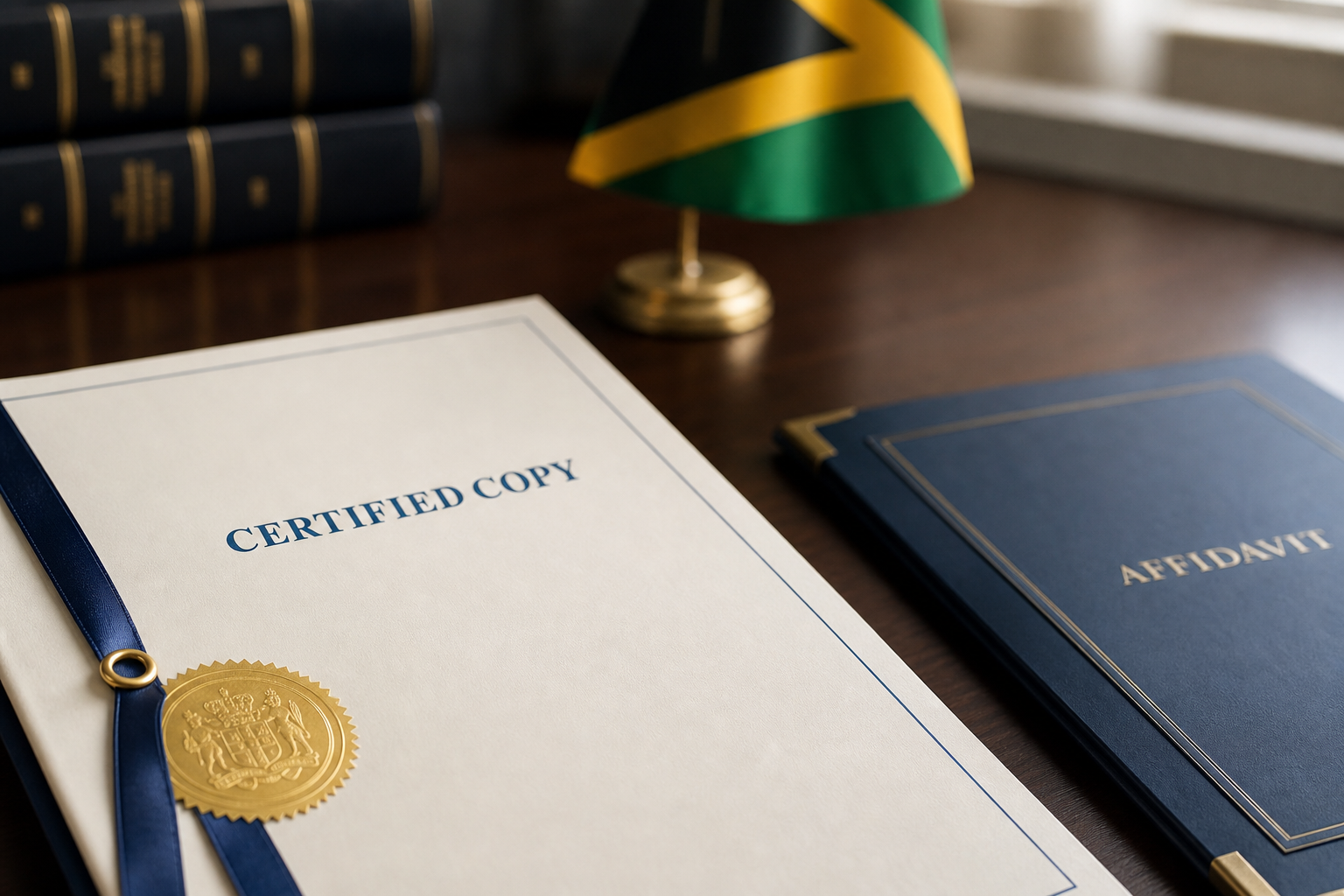 A court-certified copy document and affidavit prepared beside a Jamaican flag