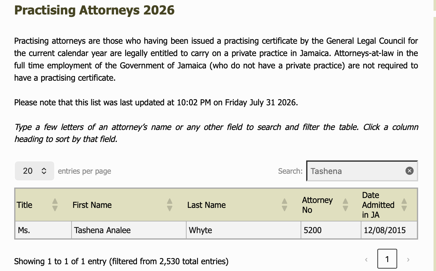 General Legal Council Practising Attorneys 2026 search result for Tashena Analee Whyte