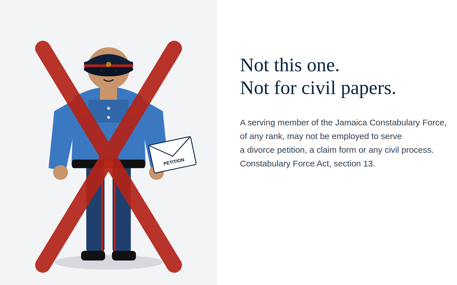 Infographic: a Jamaican police officer in blue denim holding a petition, crossed out in red. Not for civil papers.
