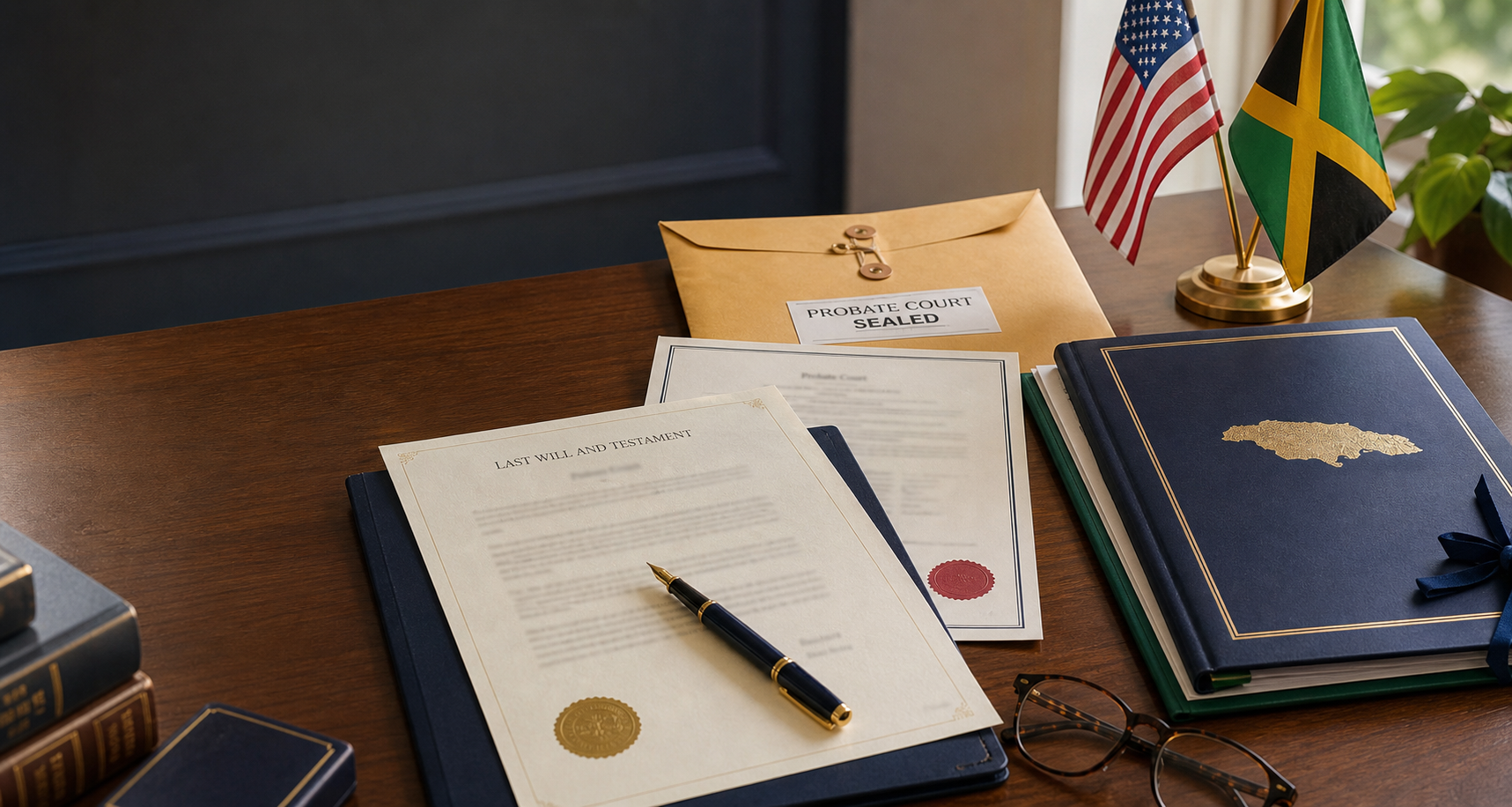 A will, sealed probate documents and Jamaican land records arranged between United States and Jamaican flags